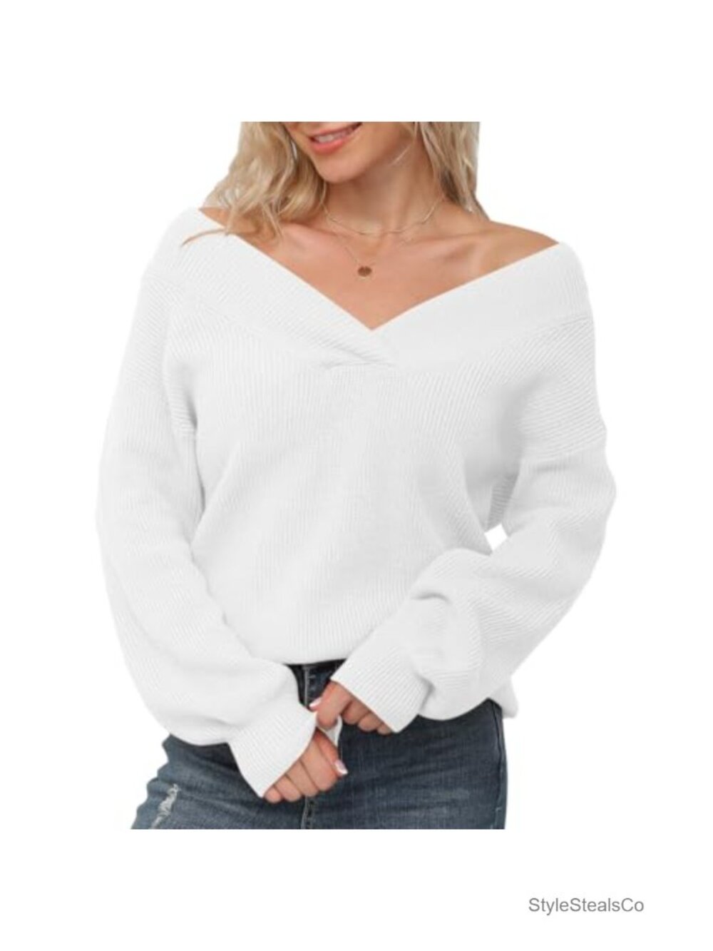 Off Shoulder Sweater Long Sleeve V-Neck Loose Knit Pullover Jumper